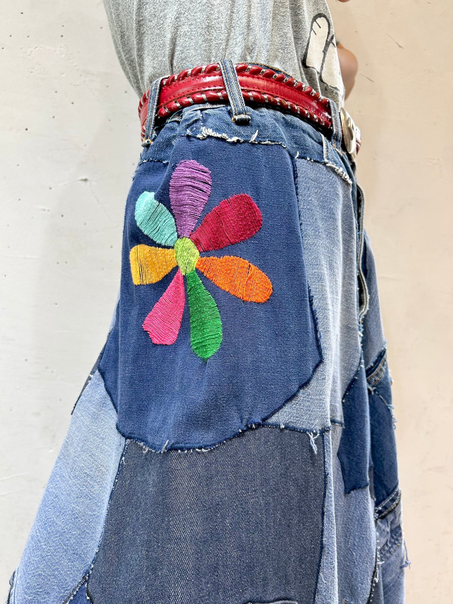 '70s Vintage Crazy Denim Patchwork Skirt [H24763]