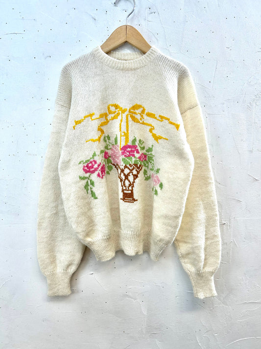 Vintage Hand Knit Sweater 〜Cross embroidery〜 [J28776]