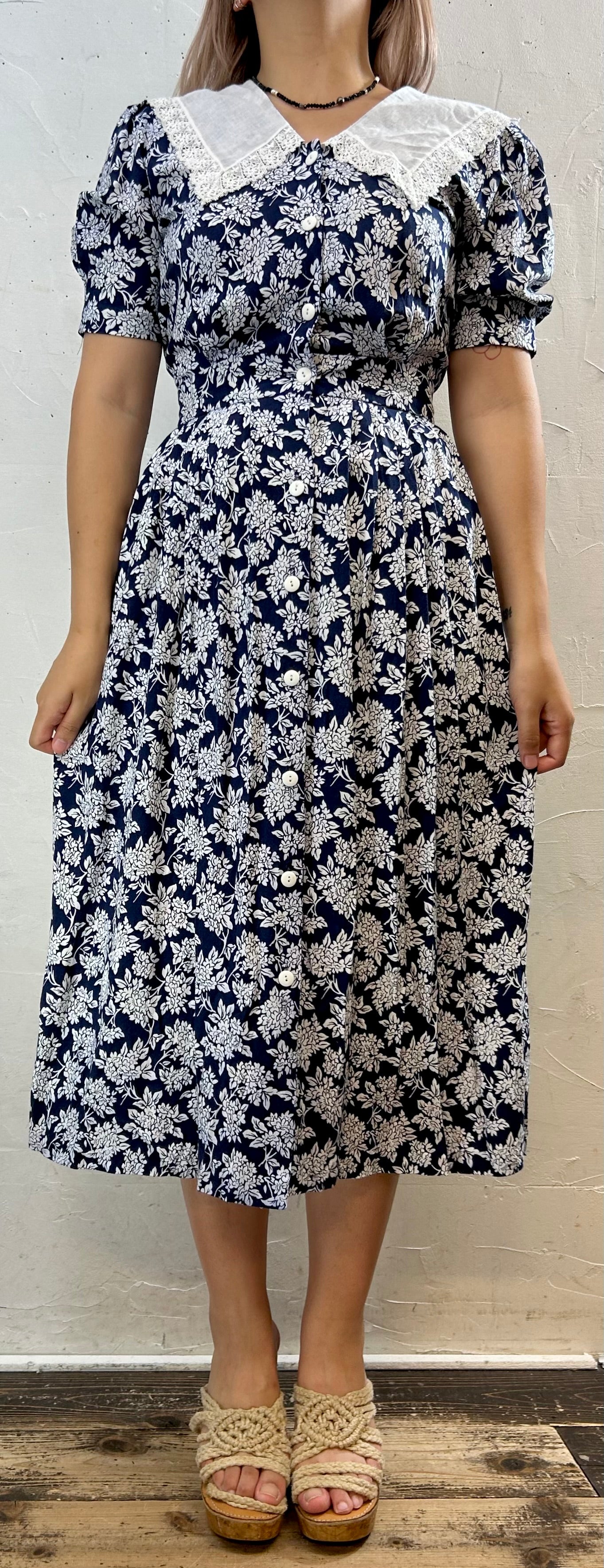 Vintage Sailor Collar Rayon Dress MADE IN USA [H28162]