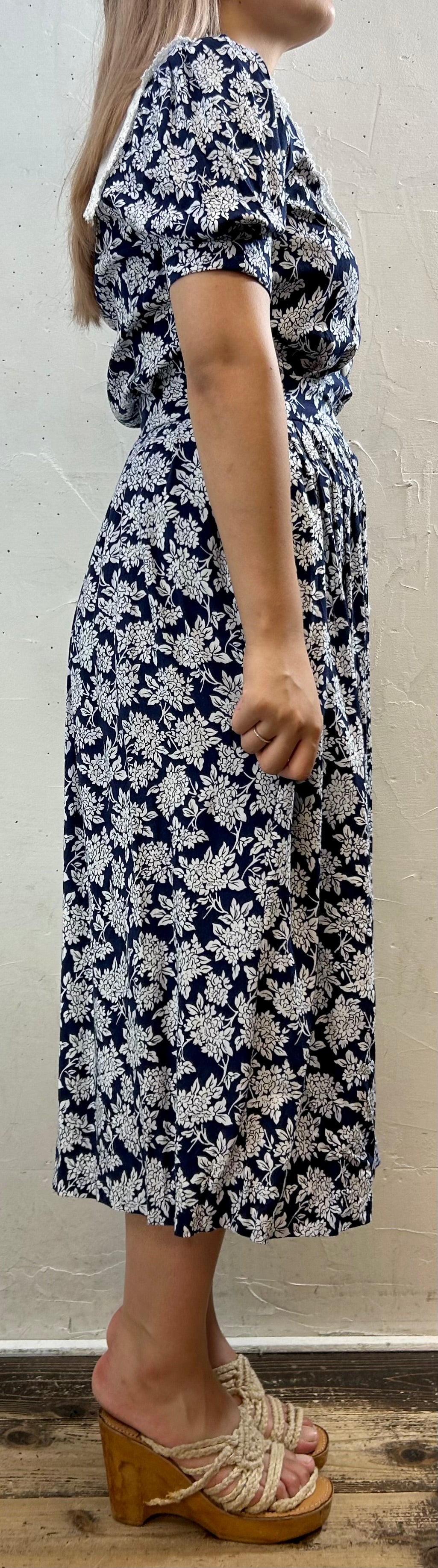 Vintage Sailor Collar Rayon Dress MADE IN USA [H28162]