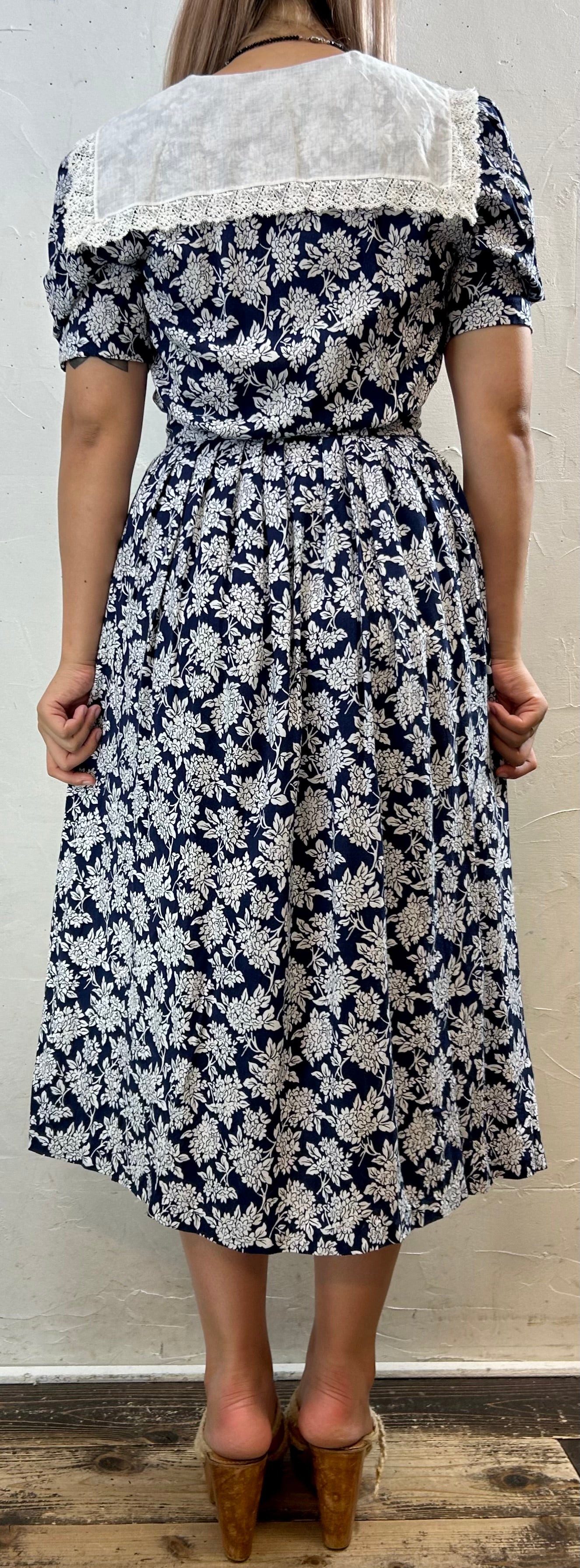 Vintage Sailor Collar Rayon Dress MADE IN USA [H28162]