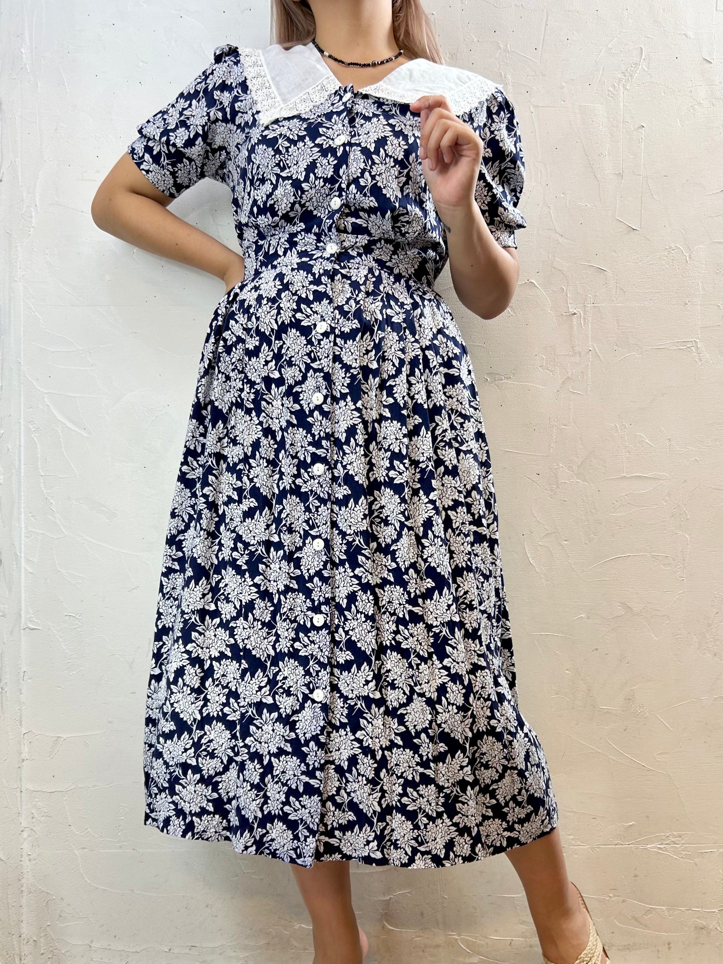 Vintage Sailor Collar Rayon Dress MADE IN USA [H28162]