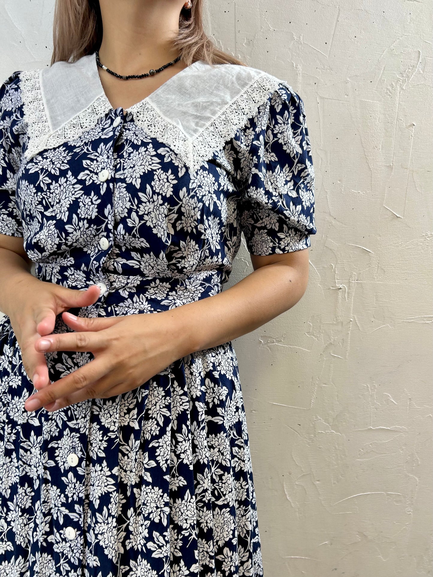 Vintage Sailor Collar Rayon Dress MADE IN USA [H28162]