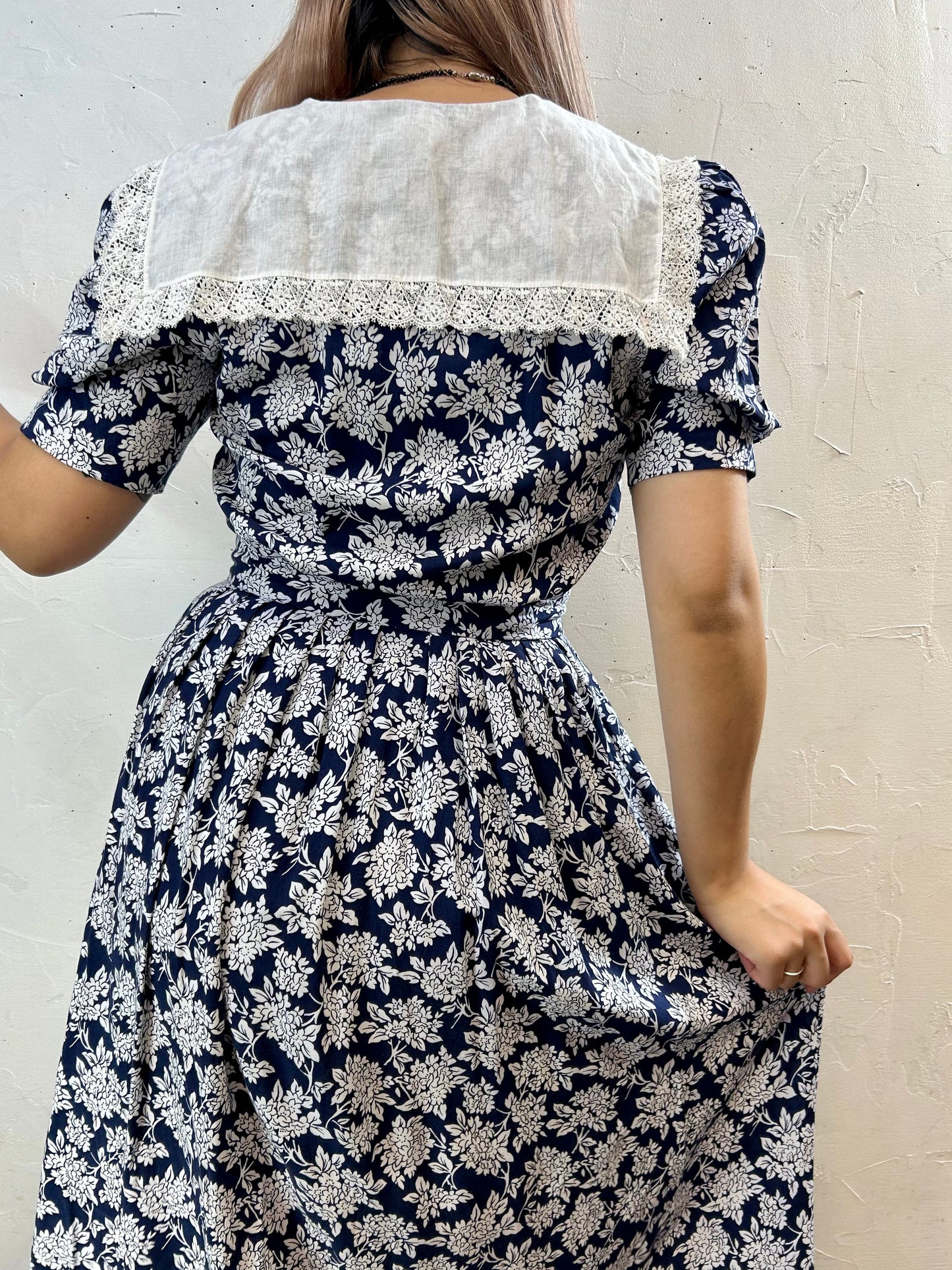 Vintage Sailor Collar Rayon Dress MADE IN USA [H28162]
