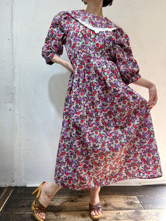 '80s Vintage Big Collar Flower Dress MADE IN USA[H24831]