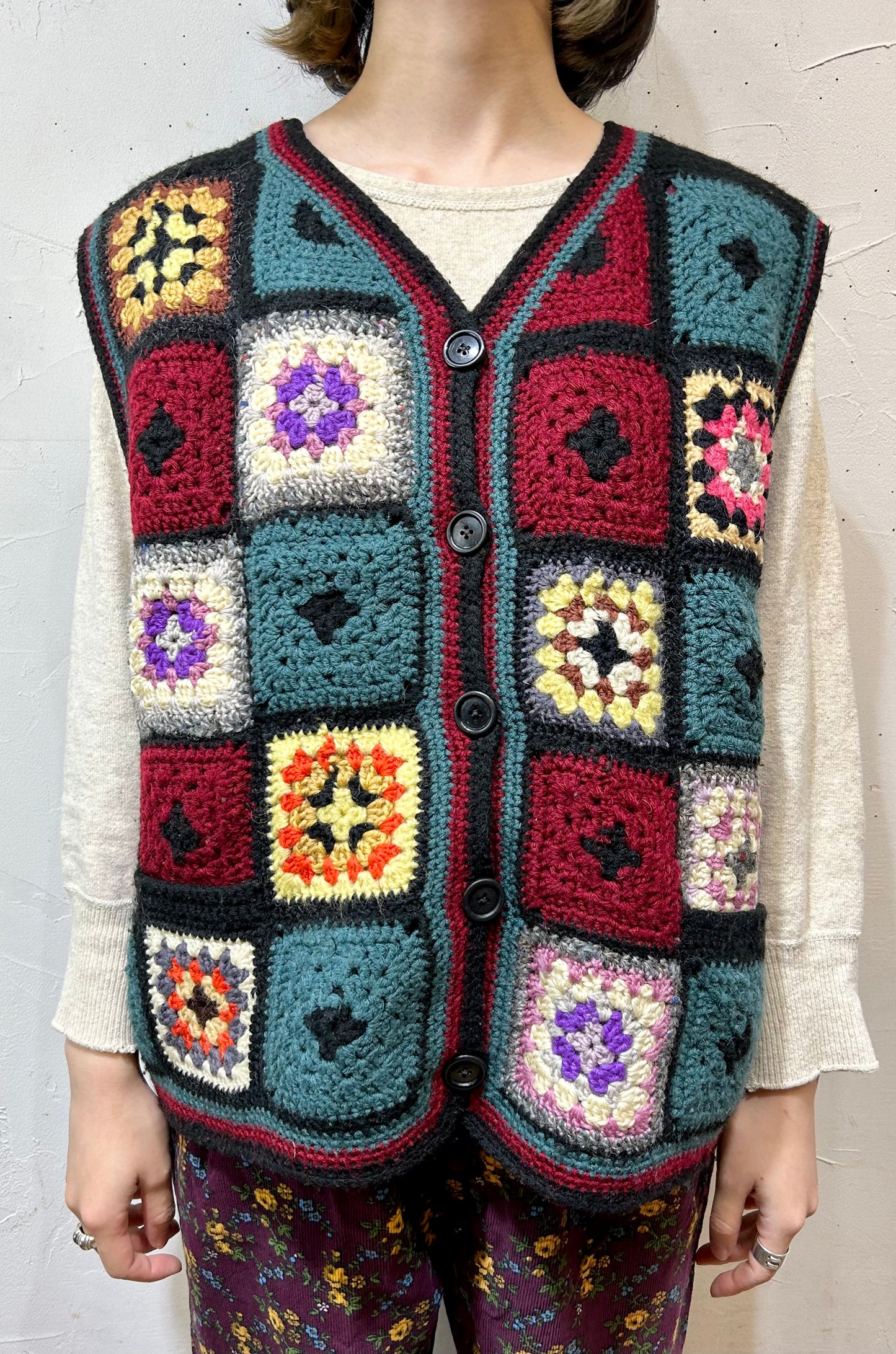 Vintage Granny Square Knit Vest [K25339]