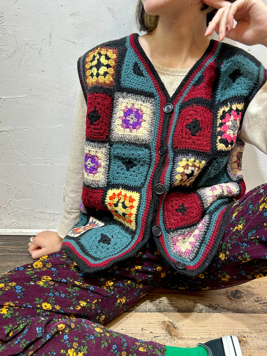 Vintage Granny Square Knit Vest [K25339]