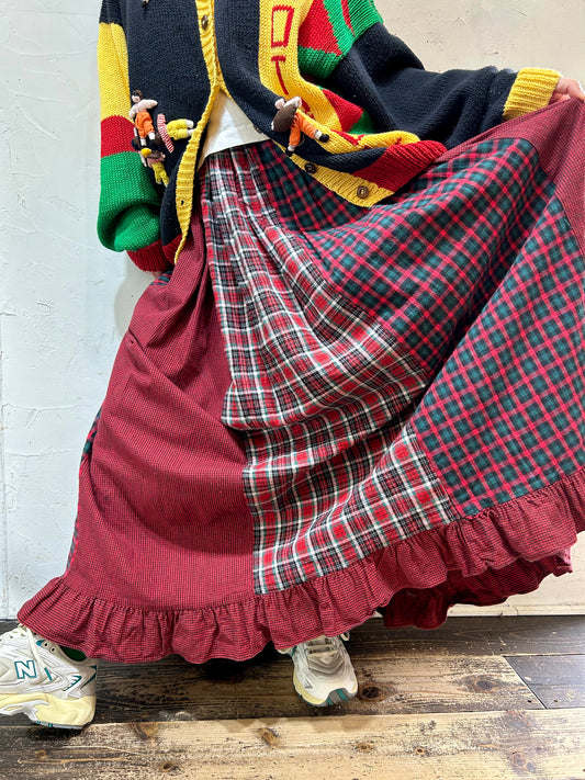 Vintage Patchwork Plaid Skirt 〜Cactus Flower〜 [I24901]