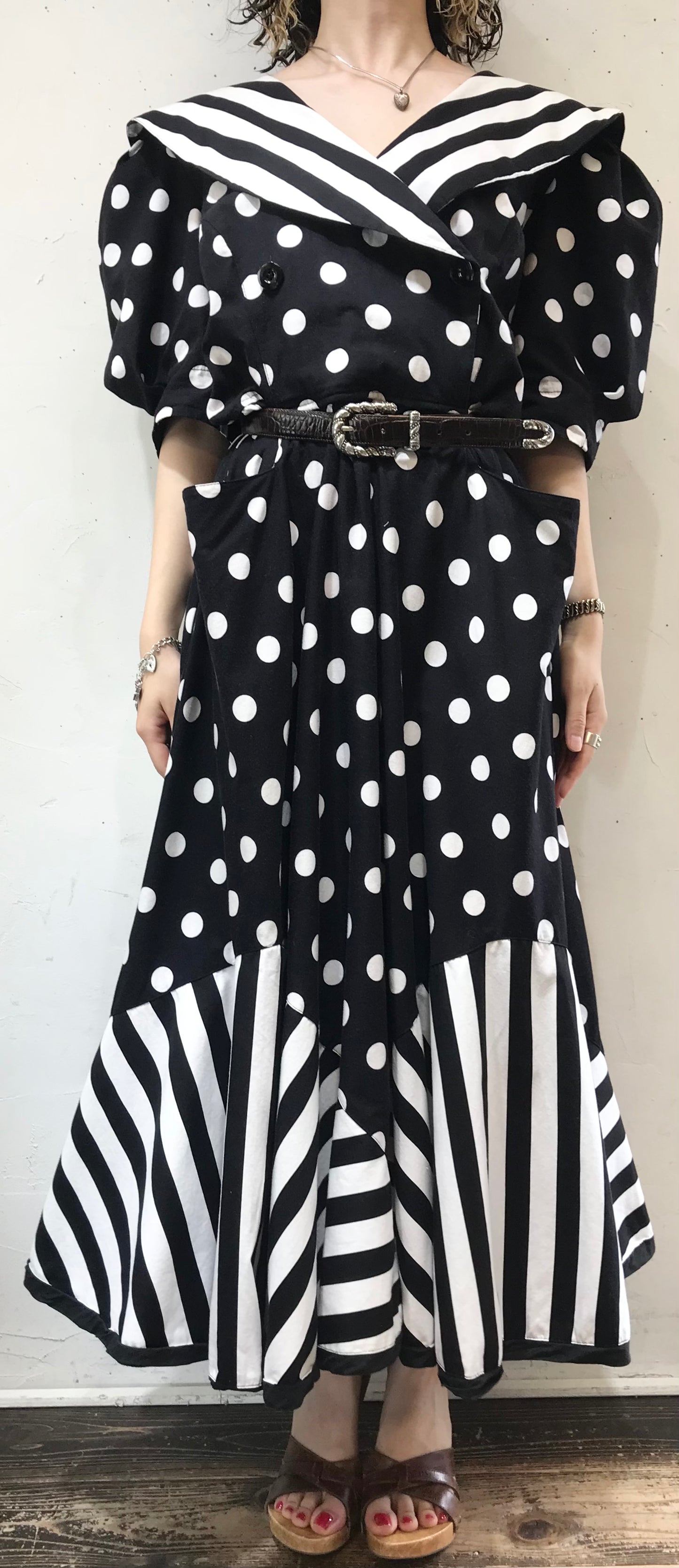 '80s Vintage Dot & Stripe Dress MADE IN USA[G24559]