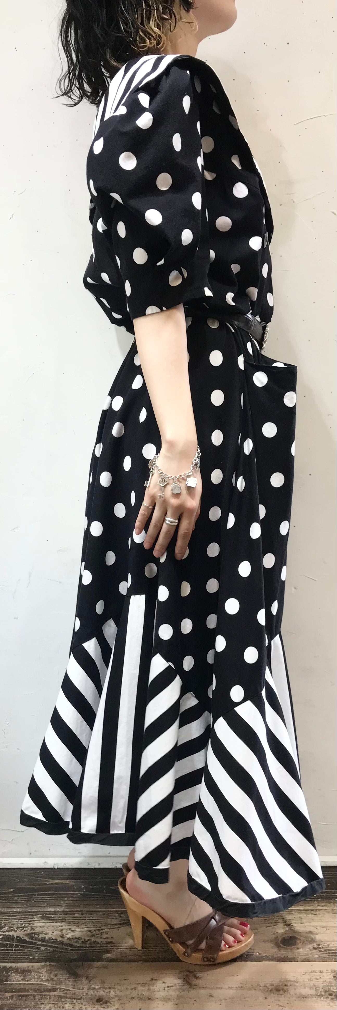 '80s Vintage Dot & Stripe Dress MADE IN USA[G24559]