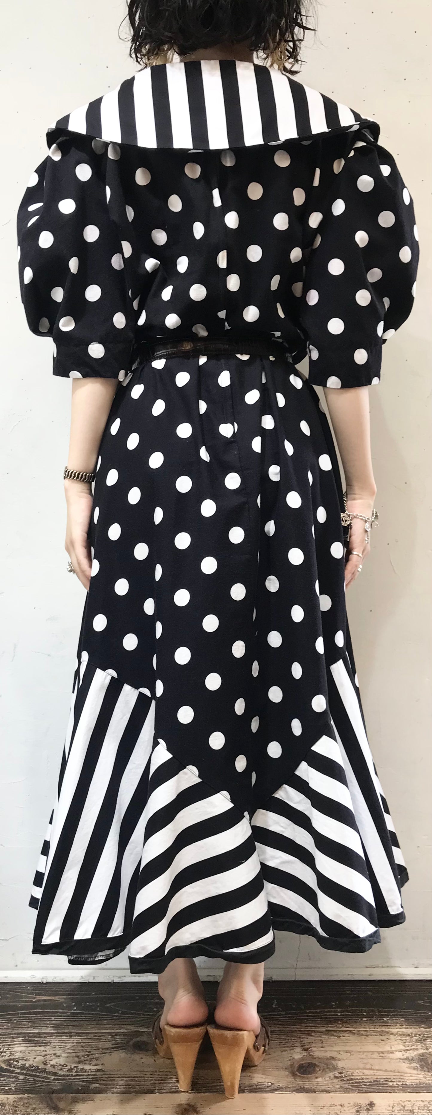 '80s Vintage Dot & Stripe Dress MADE IN USA[G24559]