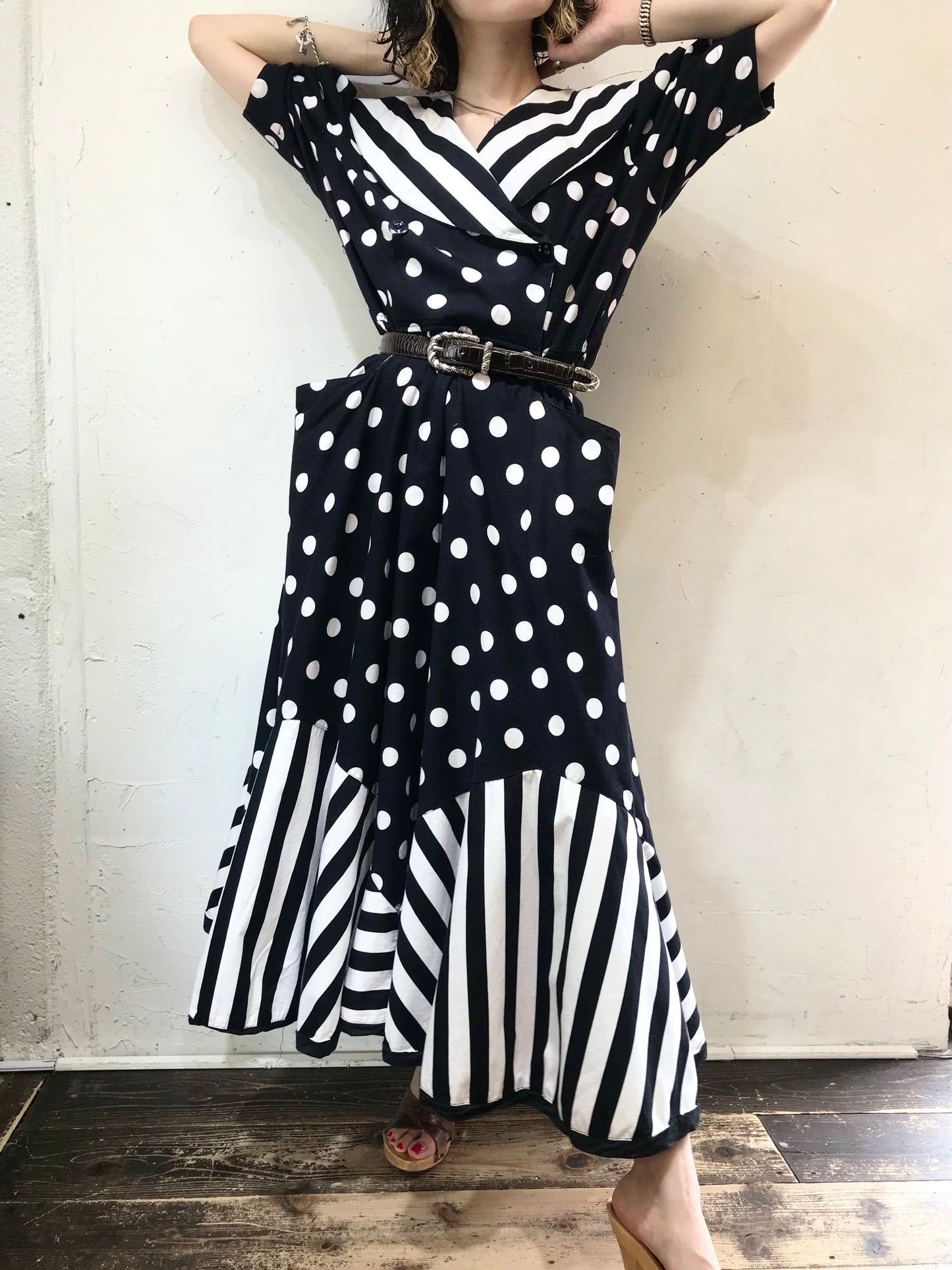 '80s Vintage Dot & Stripe Dress MADE IN USA[G24559]