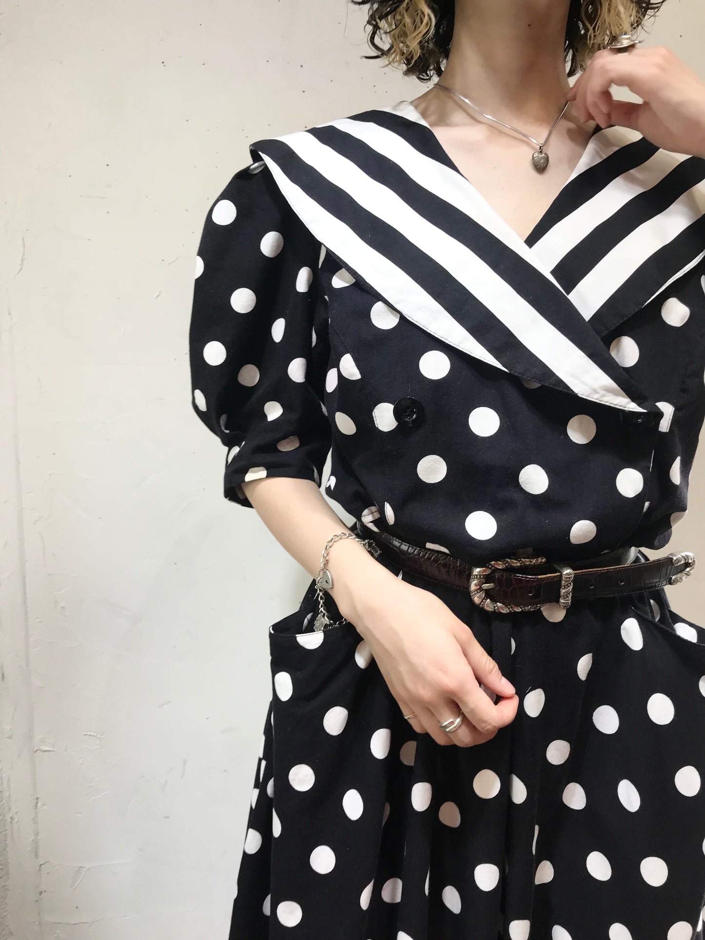 '80s Vintage Dot & Stripe Dress MADE IN USA[G24559]