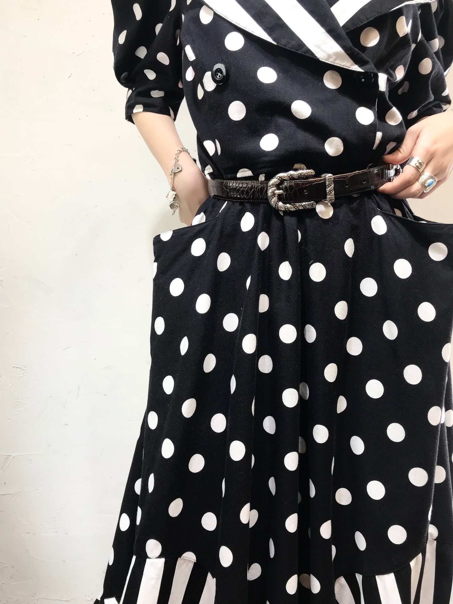 '80s Vintage Dot & Stripe Dress MADE IN USA[G24559]