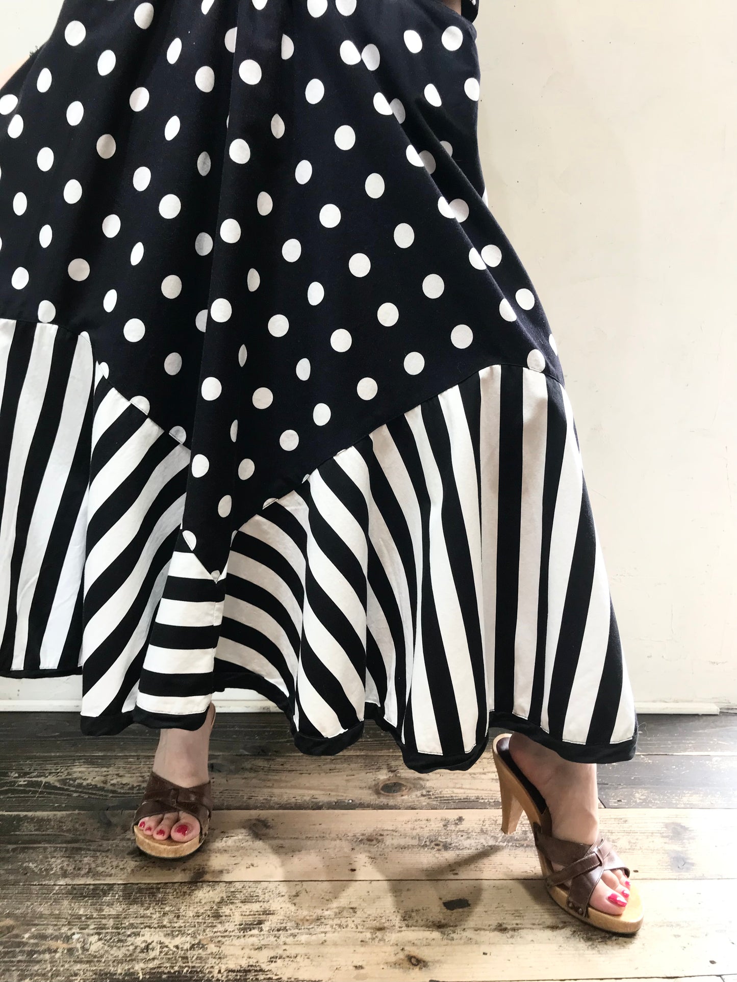 '80s Vintage Dot & Stripe Dress MADE IN USA[G24559]