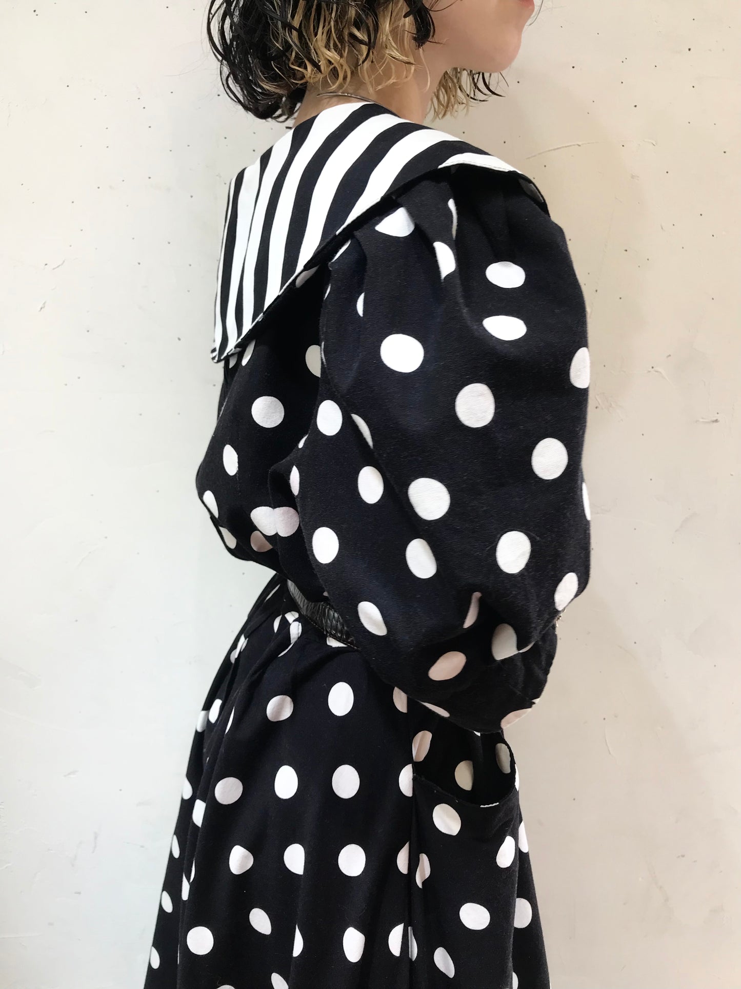 '80s Vintage Dot & Stripe Dress MADE IN USA[G24559]