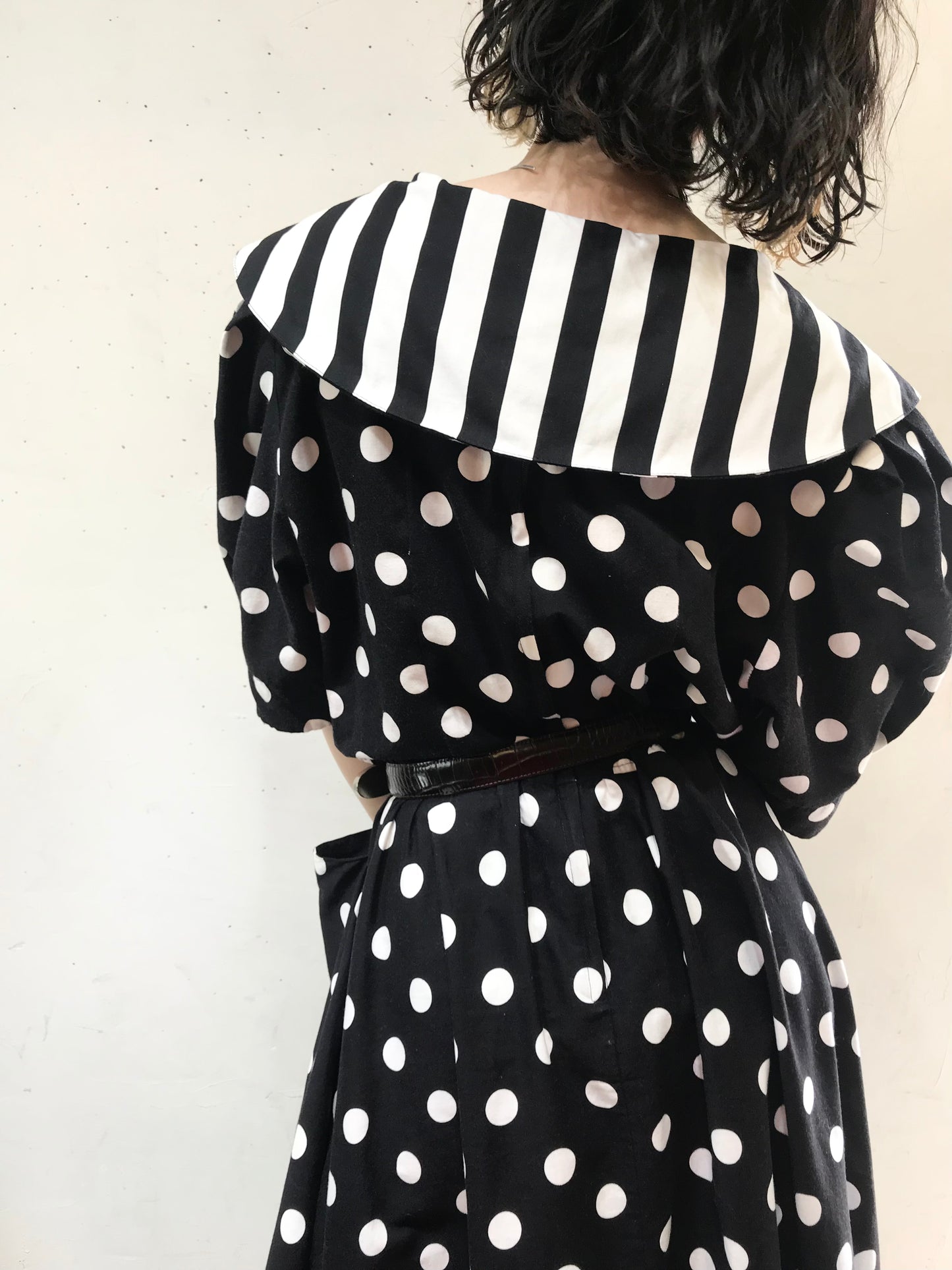 '80s Vintage Dot & Stripe Dress MADE IN USA[G24559]