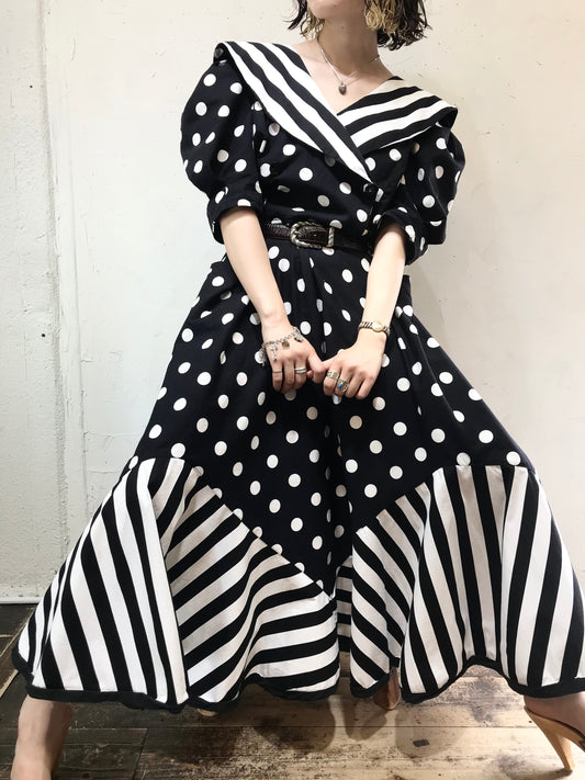 '80s Vintage Dot & Stripe Dress MADE IN USA[G24559]