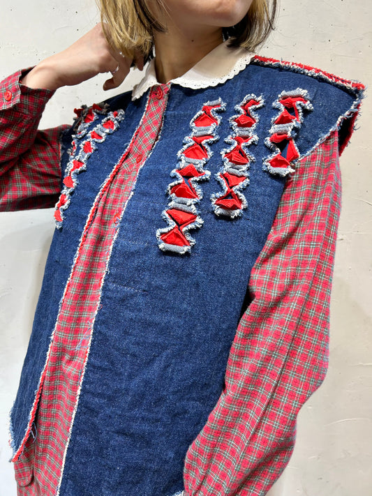 ’70s Vintage Denim Slash Quilt Vest [A25896]