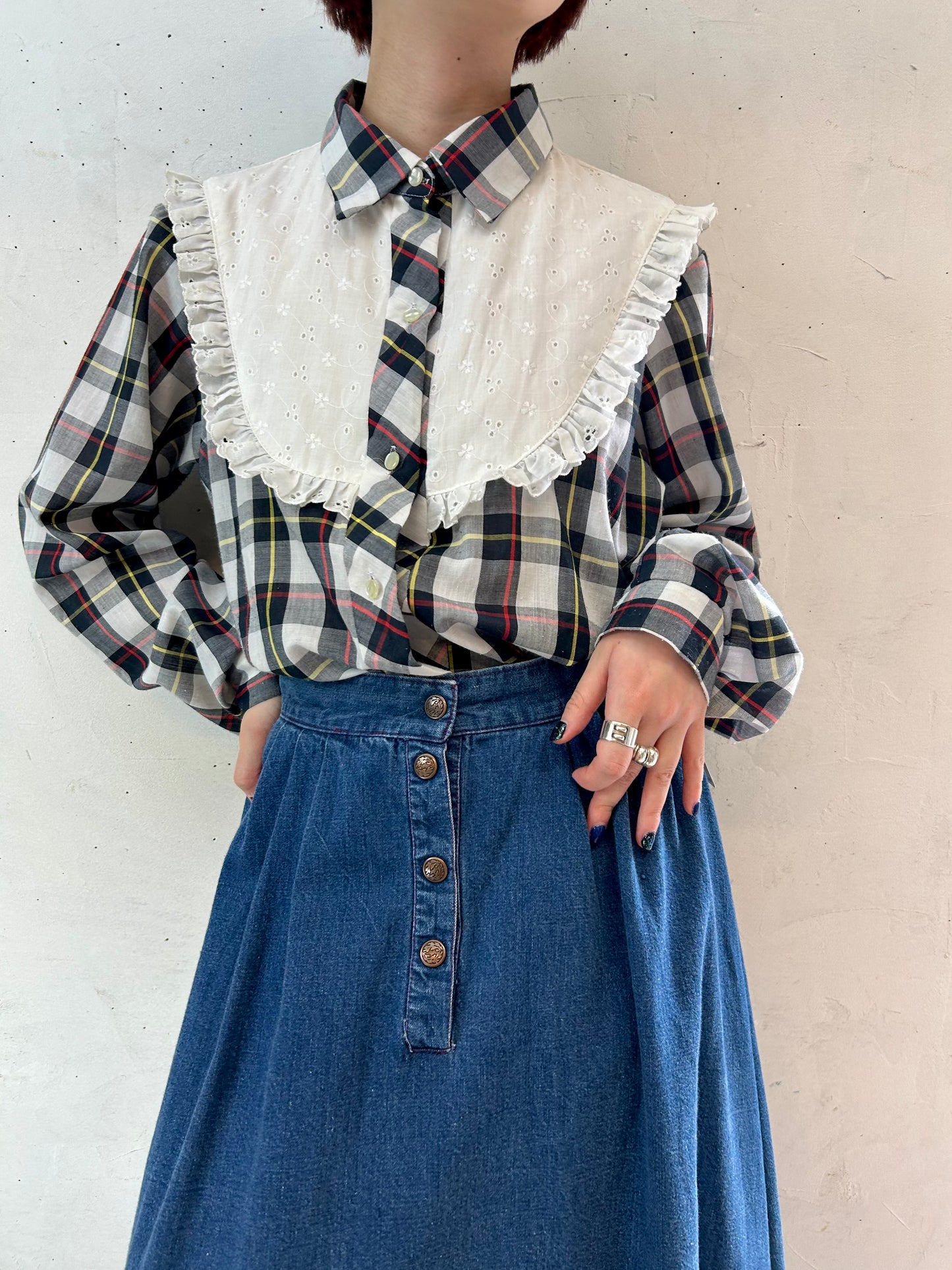 Vintage Plaid Blouse MADE IN USA [E27197]