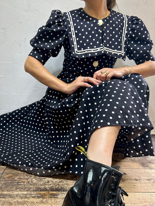 Vintage Big Collar Dot Dress MADE IN USA [I25038]