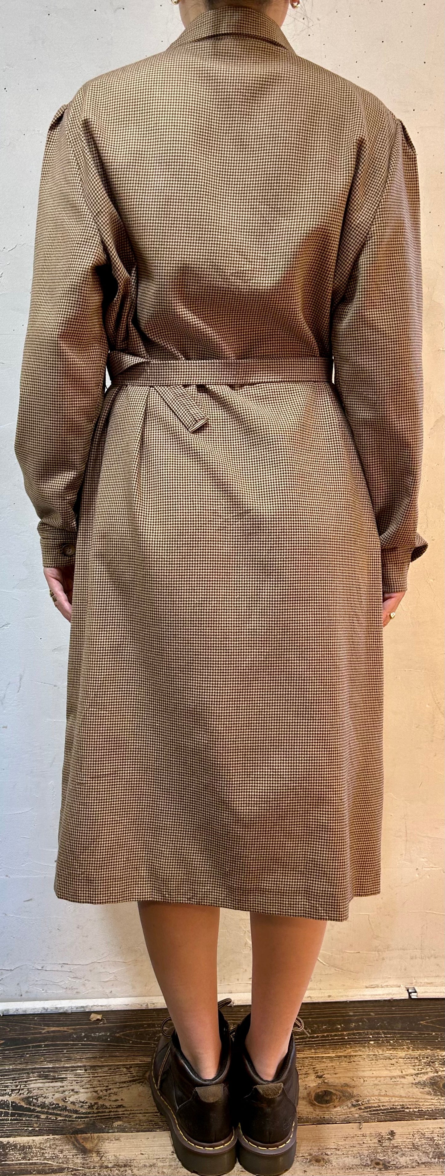 Vintage Houndstooth Pattern Dress MADE IN FRANCE [J25405]